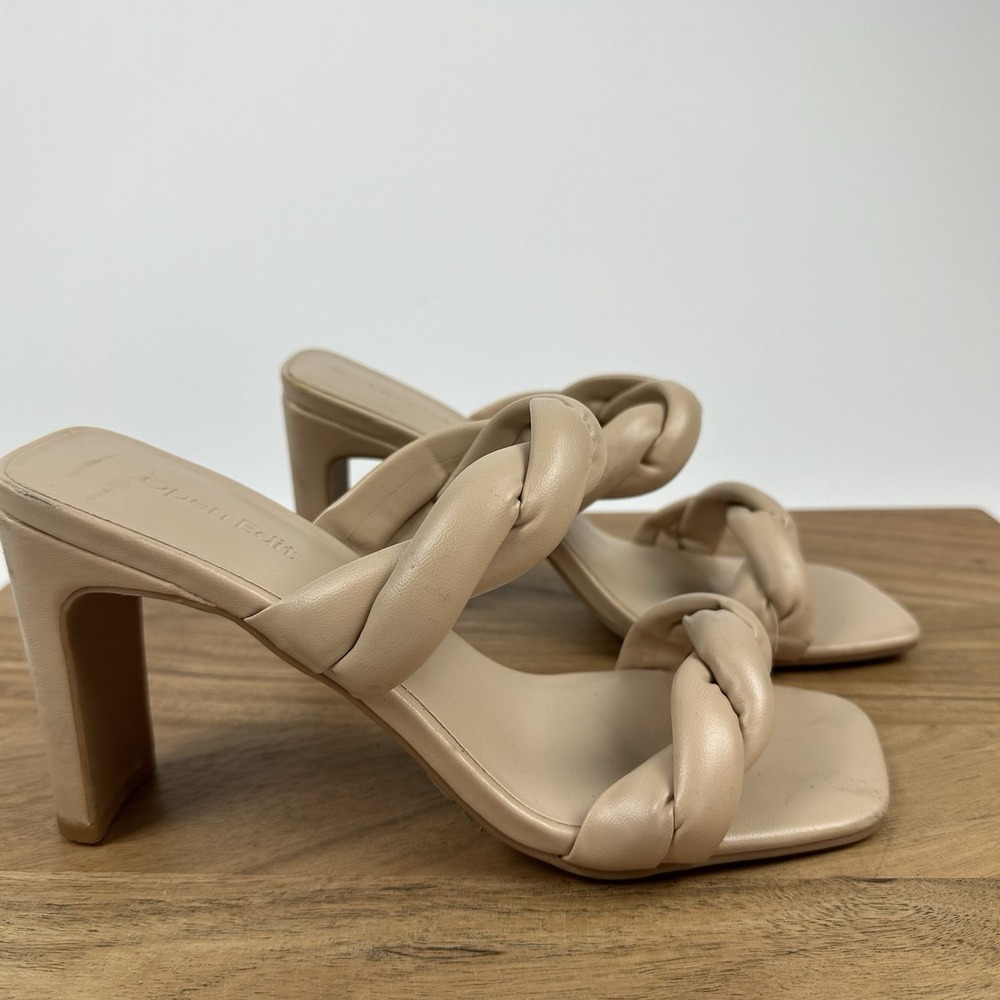 Womens Open Edit Remmy Twist Faux Leather Beige Slip On Sandals Heels Size 7 M